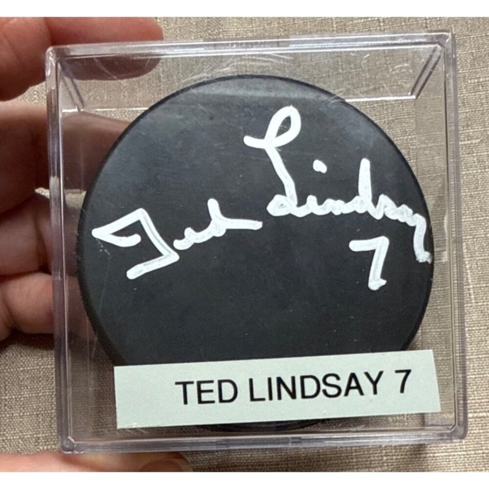 Ted Lindsay Signed Hockey Puck With Display Case
